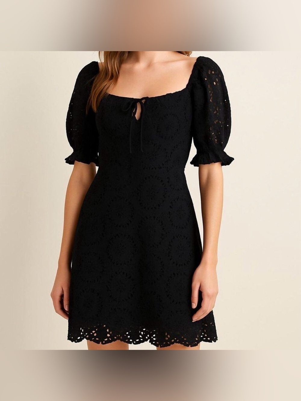 7 For All Mankind Black Puff Sleeve Eyelet Dress 100% Cotton‎ large